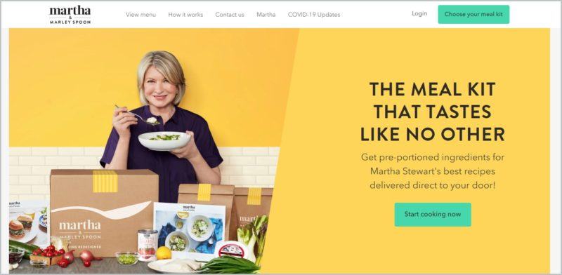 screenshot of Marley Spoon homepage with Martha Stewart on it holding a dish with boxes and fresh ingredients in front of her