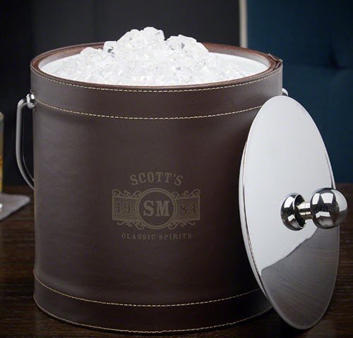 Marquee Brown Insulated Ice Bucket | Food For Net A brown leather ice bucket with engraving