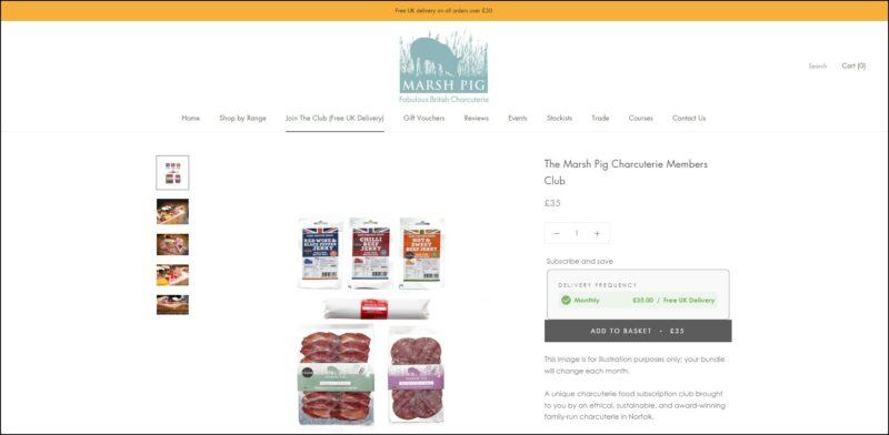 screenshot of Marsh Pig Charcuterie Members Club's web page, dominantly white page with a yellow announcement bar on top followed by the company's logo, underneath it is the main menu, the page displays the details of the club subscription plans along with images of cured meats.