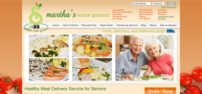 martha's senior gourmet website screenshot showing four different meals, along with a senior couple and various menus that viewers can select from. 