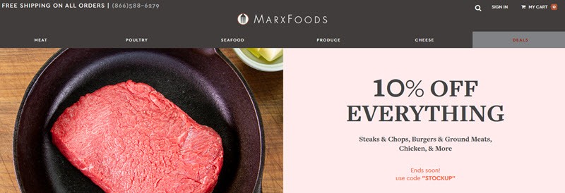 MarxFoods Website Screenshot showing a pot with steak