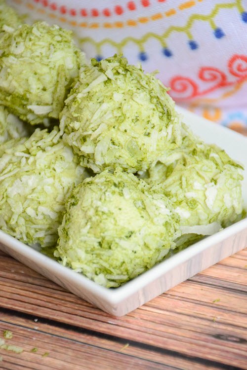 Matcha fat bombs on a white plate