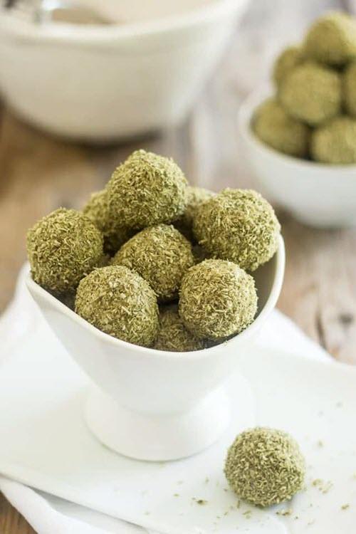 A white bowl of matcha truffles