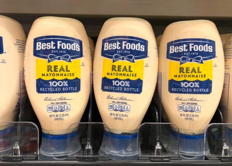 Bottles of mayonnaise in a grocery store. They can be used to make a tapeworm shot. 