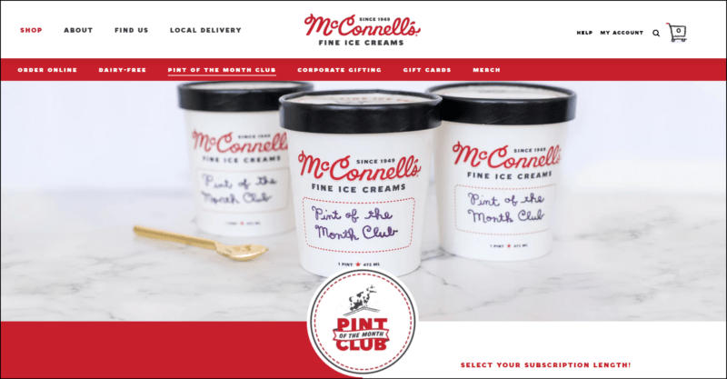 screenshot of Mc Connell's Pint of the Month Club's web page that is mainly white and red, the website's name/logo is located on top followed by the main navigation menu on a red bar, underneath it is an image banner of the three ice cream pints