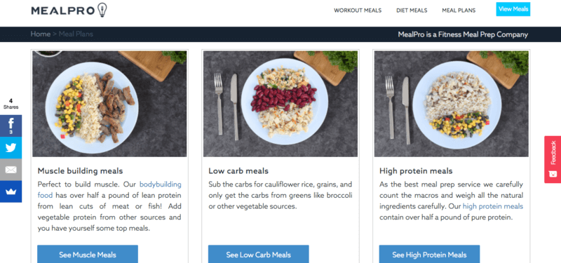 Meal Pro website showing muscle building, low carb and high protein meals 