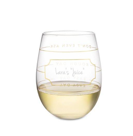 Measure Stemless Wine Glass | Food For Net Wine glass with measurement levels and an engraving