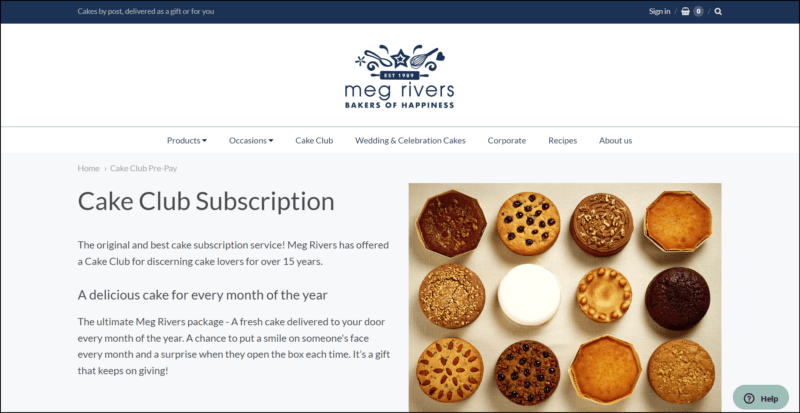 screenshot of Meg Rivers Bakers of Happiness Cake Club's dominantly white page, with the website's name/logo on top followed by the main navigation menu, the main content area shows the information about the cake subscription accompanied by an image of different cakes