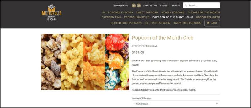 A website screenshot from Metropolis Gourmet Popcorn showing an image with five different popcorn flavors