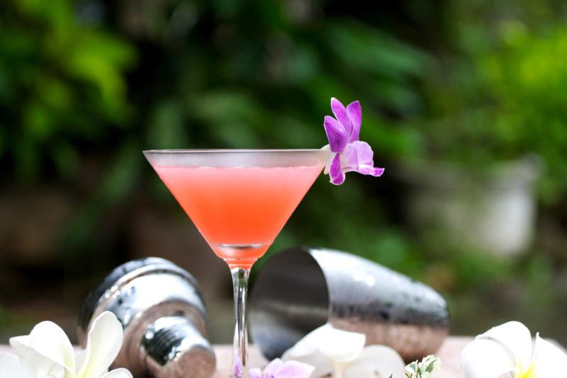 A light pink Metropolitan cocktail outside in front of a cocktail shaker