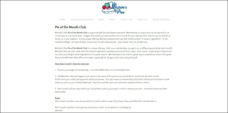 screenshot of Michele’s Pies Pie of the Month Club's web page, dominantly white page with the company's logo on top followed by the main menu, page is showing the details of the different pie subscription plans