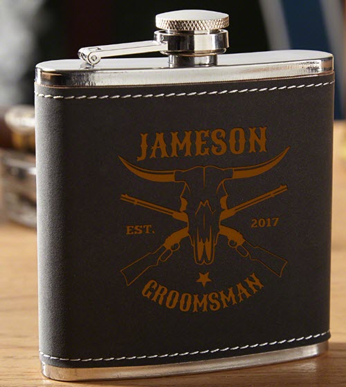 Midland-Personalized-Western-Flask | Food For Net Black leather flask with a golden brown engraving.
