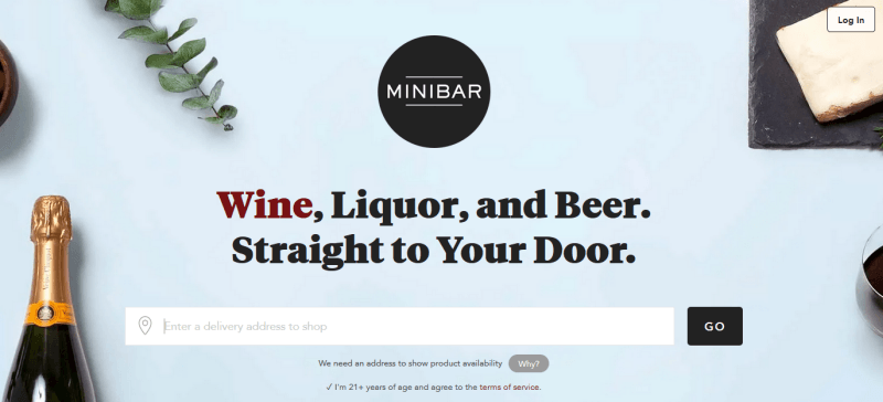 Minibar Website Screenshot showing a bottle of alcohol and various items on a light blue background