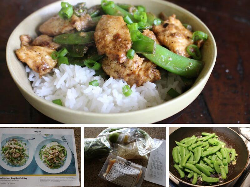 image of recipe card, ingredients, and cooking process for the miso chicken and snap pea stir fry from Martha and Marley Spoon