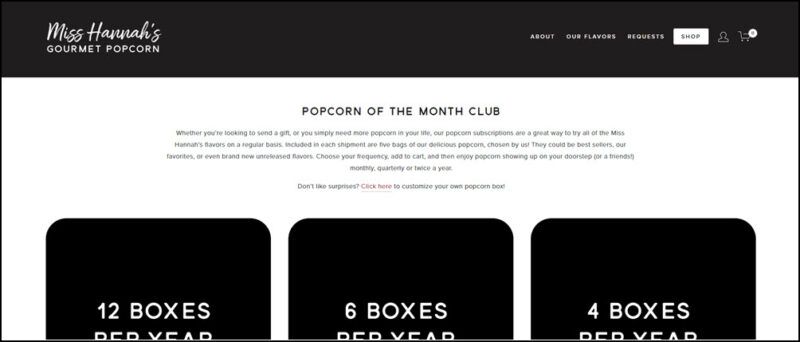 A website screenshot from Miss Hannahs Gourmet Popcorn showing the three different types of clubs in black boxes