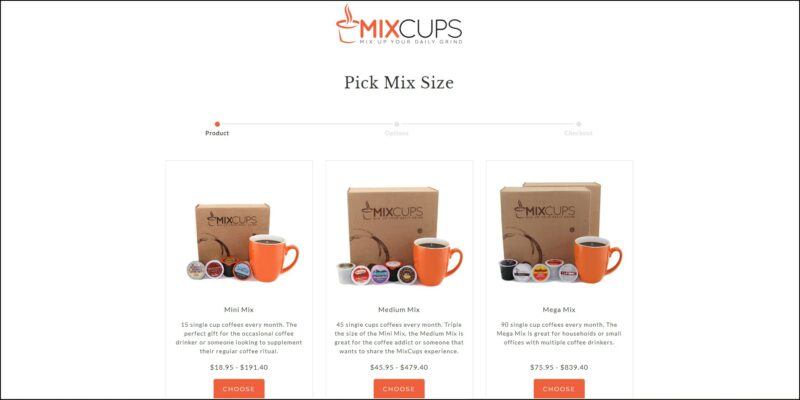 screenshot of MixCups coffee subscription web page, dominantly white page with the websites' logo and name on top, page is showing the information about the coffee subscription accompanied by images of the subscription box and what's supposedly inside it.