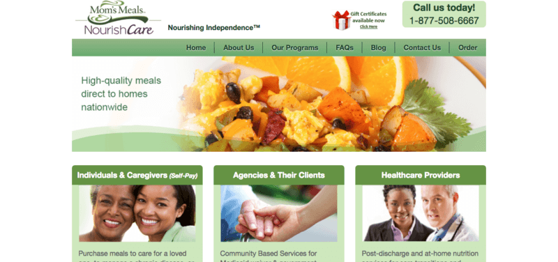 Mom's Meals website screenshot showing an egg-based dish with oranges, as well as information about individuals, caregivers, agencies and healthcare providers