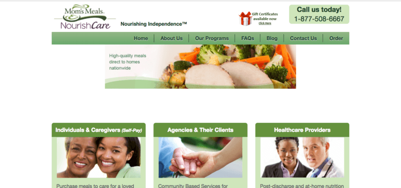 Mom's Meals website screenshot showing a turkey dinner with vegetables, along with details about the groups the company serves