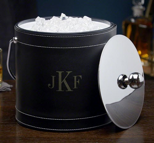 Monogram Black Ice Bucket | Food For Net A black leather ice bucket with a monogram