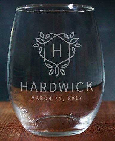 Monogram, Date and Name Wine Glass | Food For Net Wine glass with a monogrammed H, a date and the word Hardwick