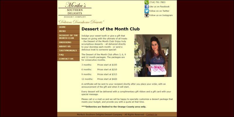 screenshot of Morika's Southern Delights Dessert of the Month Club's page, with dark brown and pale yellow color page detailing the information about the dessert subscription