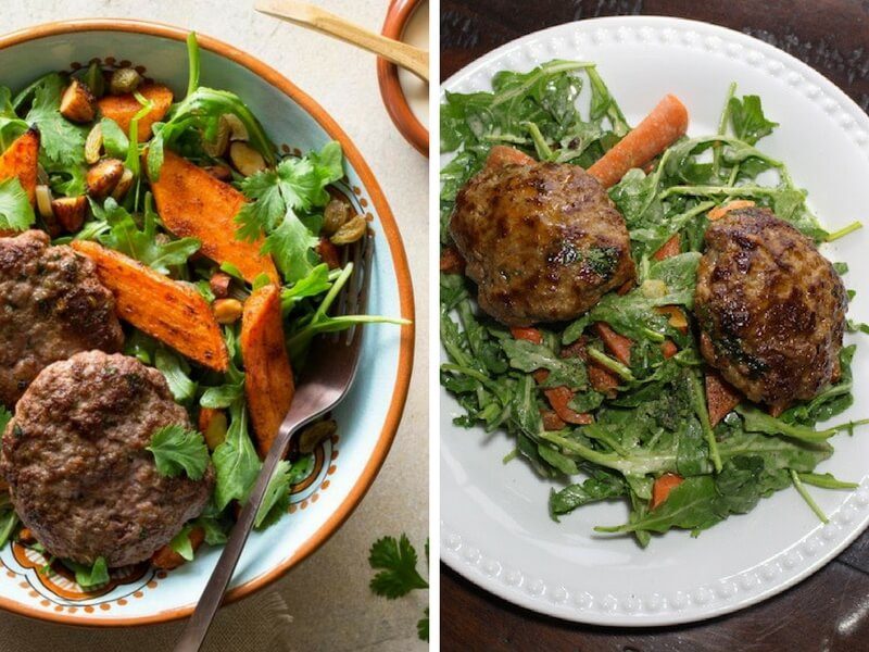 Moroccan lamb merguez patties with warm carrot salad Comparison original vs home cooked