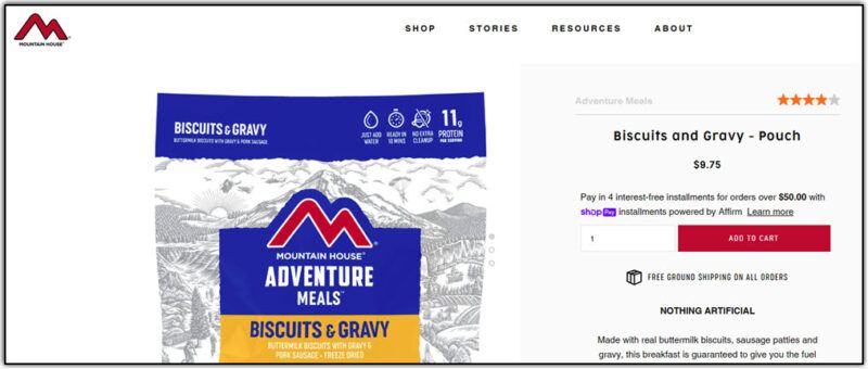 A biscuits and gravy pouch from Mountain House