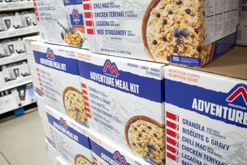 Many sets of Mountain House meals stacked in a grocery store