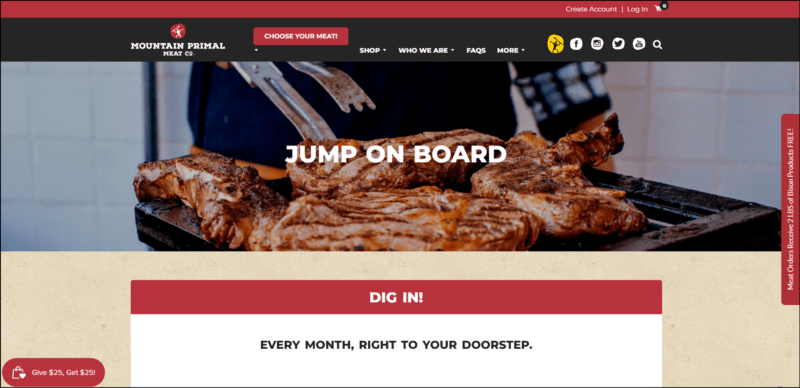 screenshot of Mountain Primal Meat Meat Subscription's web page with maroon bar on top followed by a black header bearing the website's name/logo and navigation menu, underneath it is an image banner with text overlay 'Jump on Board' and the content area shows details of the meat subscription 