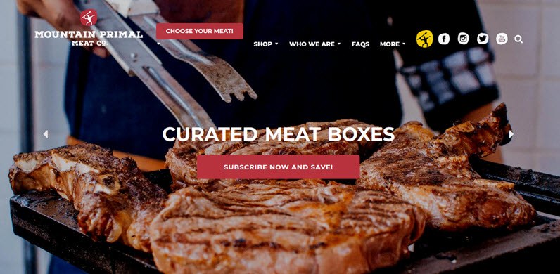 Mountain Primal website screenshot showing a man cooking steak on a grill