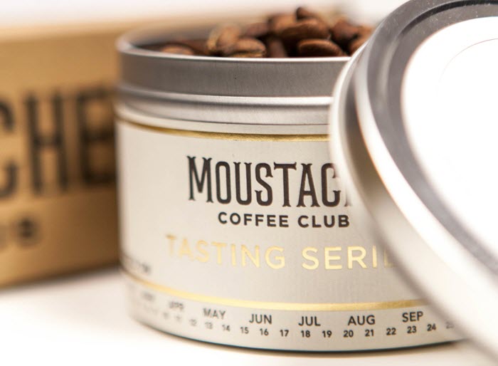 Moustache coffee club tin for their tasting series