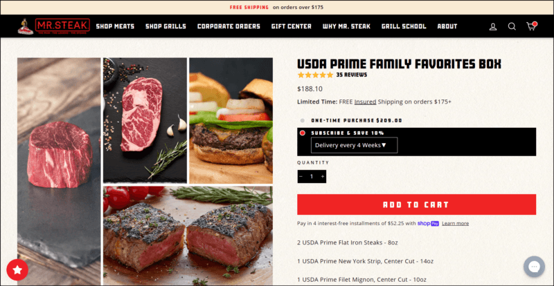 screenshot of Mr. Steak Curated Boxes' web page, with pale yellow announcement bar on top followed by black header bearing the website's name/logo and navigation menu, the main content area shows the details of the curated box options accompanied by images of different steaks