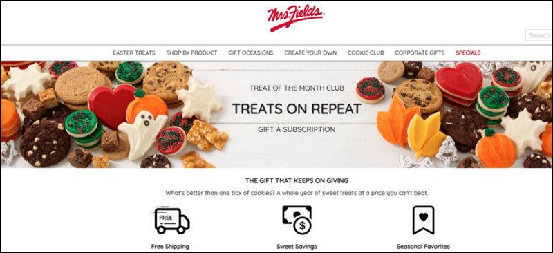 A website screenshot from Mrs Fields Treat Of The Month Club showing a banner with the words Treats on Repeat