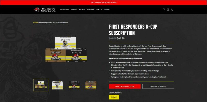 screenshot of Muertos Coffee Co. First Responders K-Cup Subscription's web page, mainly black colored with overlay of the company's logo, there's a red announcement bar on top followed by the website's name and main menu, the page displays the details of the subscription accompanied by images of the products.