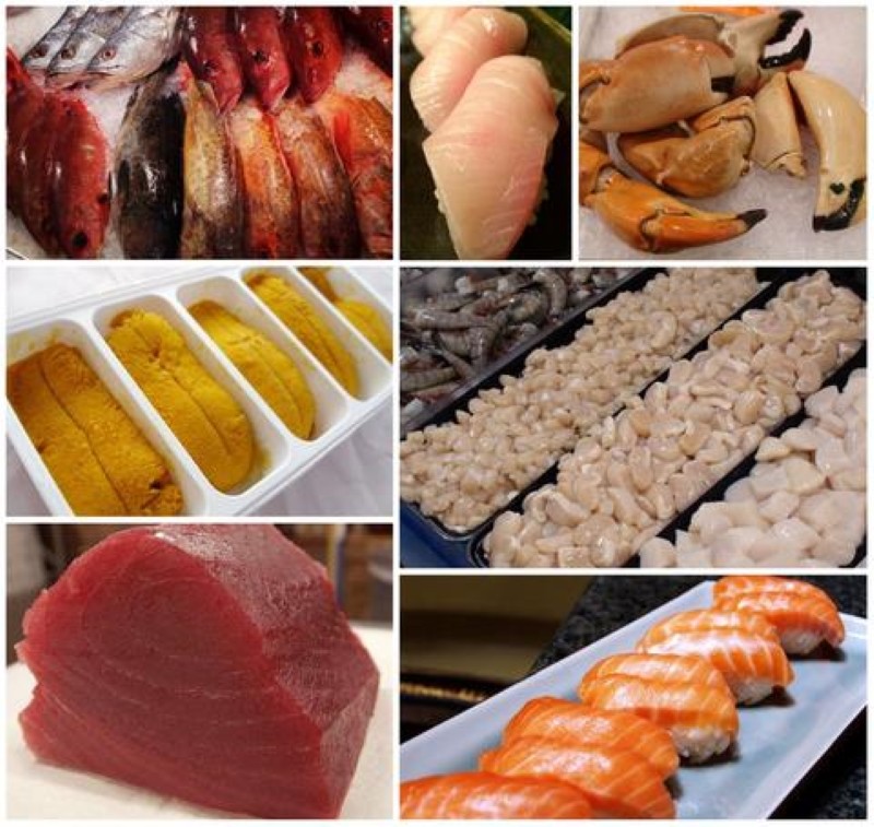 Collage of seafood pictures.  From left to right and top to bottom - Red, silver, and orange colored Ocean fish on ice, Next Yellow fin Nigiri, Next crab claws on ice, Next sea urchin in white plastic container, Next rows of seafood shrimp, mini, medium, and jumbo scallops, next  fatty tuna steak, salmon nigiri
