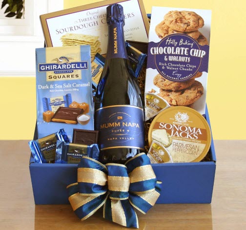 Mumm’s Sparking Wine Gift Basket | Food For Net Blue box with wine, chocolate and cookies