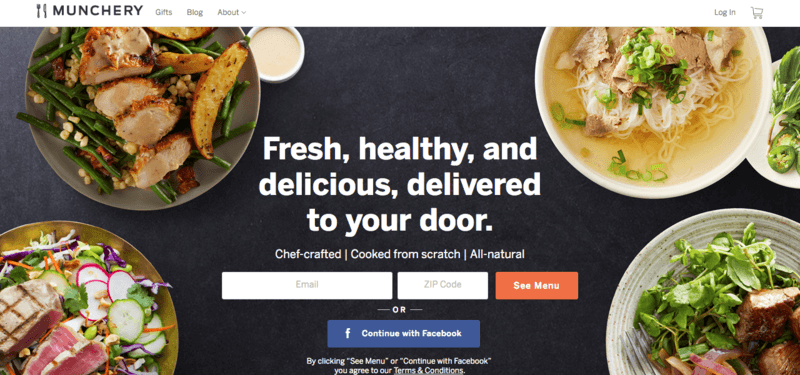 Munchery Website Screenshot showing four bowls of food including a chicken dish, pho and others