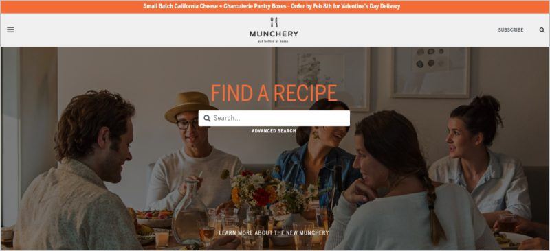 screenshot of Munchery homepage showcasing a group of friends dining together