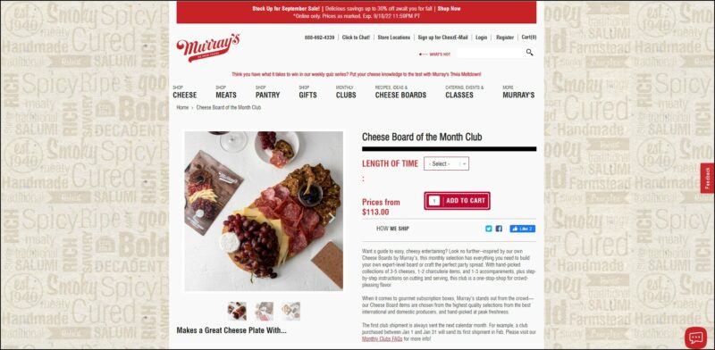 screenshot of Murray’s Meat & Cheese of the Month Club's web page, with a beige colored background designed particularly for the company, in the middle is a dominantly white block with a red announcement bar on top followed by the company's logo and main menu, the page contains the details of the subscription plans accompanied by an image of a beautiful cheese and meat spread