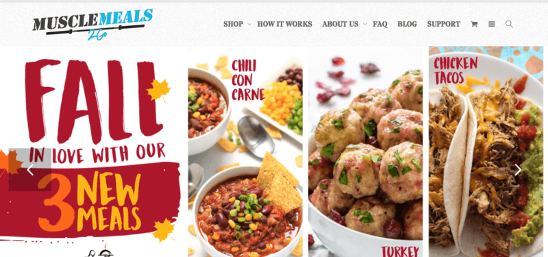 Muscle Meals website screenshot showing Chili Con Carne, Turkey Meatballs and Chicken Tacos