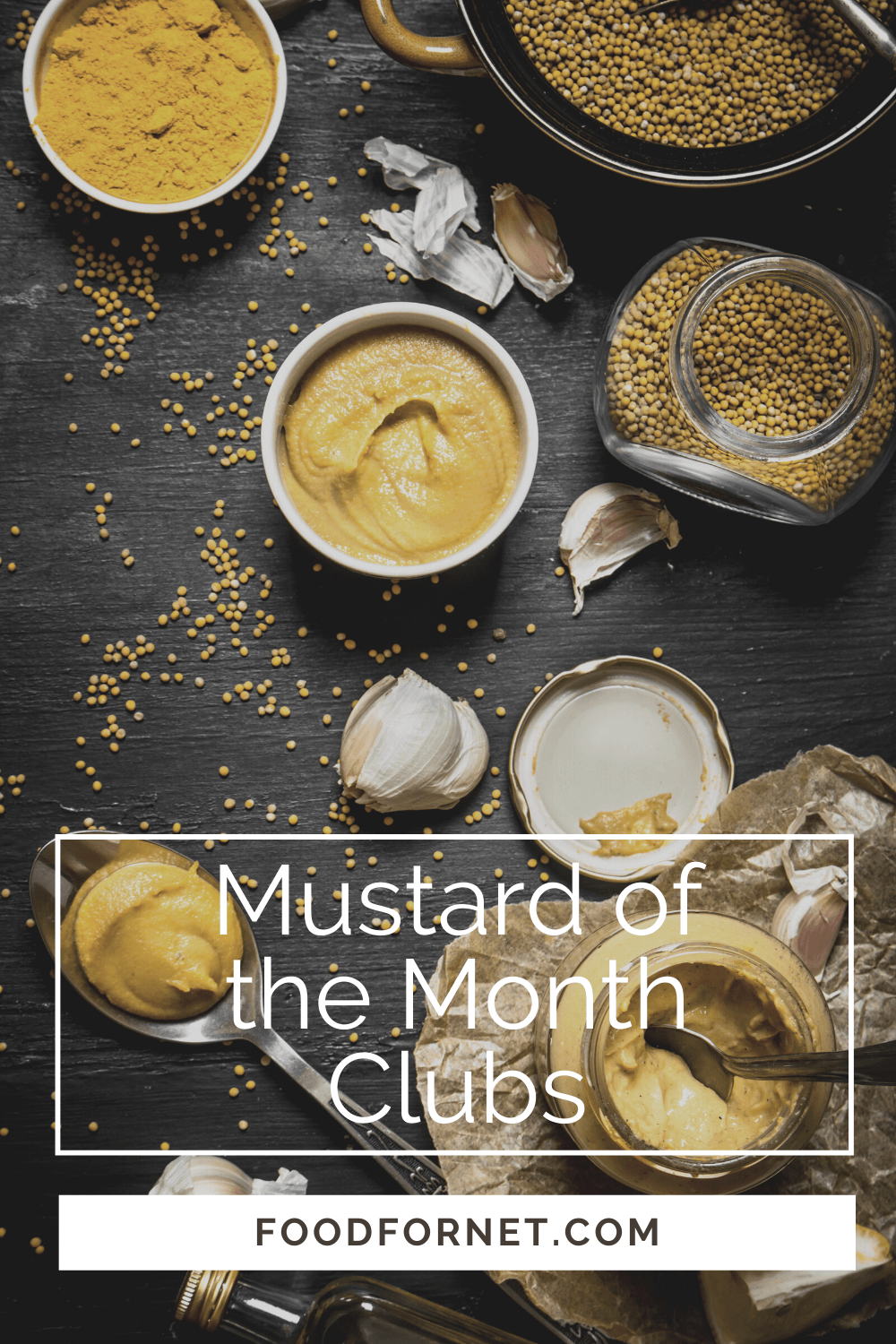 A selection of mustard and mustard ingredients on a black background