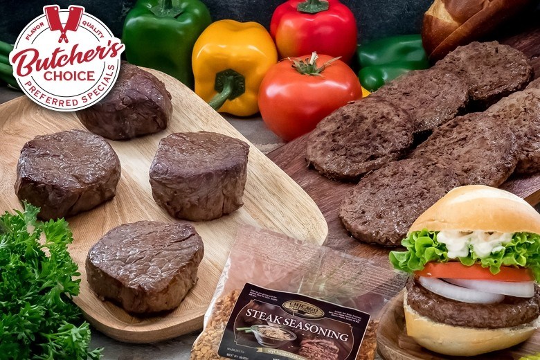 In upper left corner Butcher's choice logo with a wooden tray that has filet medallions and a tray of cooked burgers in the lower right corner is a burger on a bun with onion tomato and lettuce, on the upper portion of the photo are fresh bell peppers, tomato and lower left corner fresh parsley and steak seasoning packet