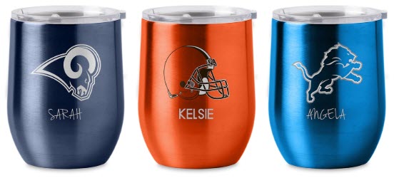 NFL Stainless Steel Wine Glass | Food For Net Three stainless steel cups with sports logos and text