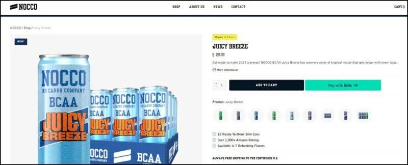 A box of NOCCO BCAA Juicy Breeze energy drinks on the NOCCO website