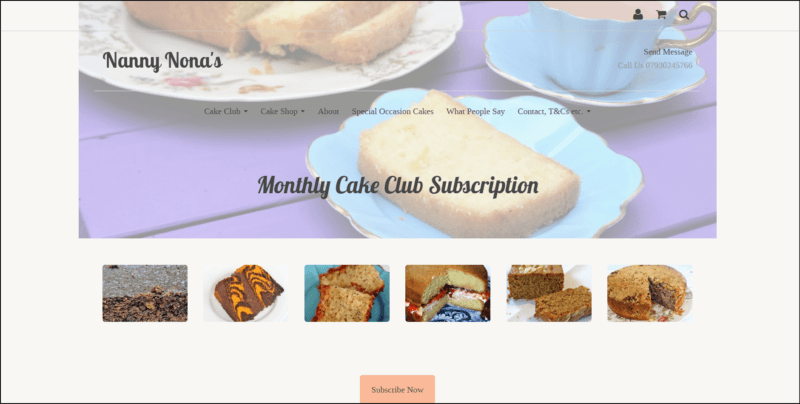 screenshot of Nanny Nona's Monthly Cake Club's dominantly white page, with an image of sliced cakes for header bearing the website's name, main navigation menu, and the cake club subscription along with images of different cakes