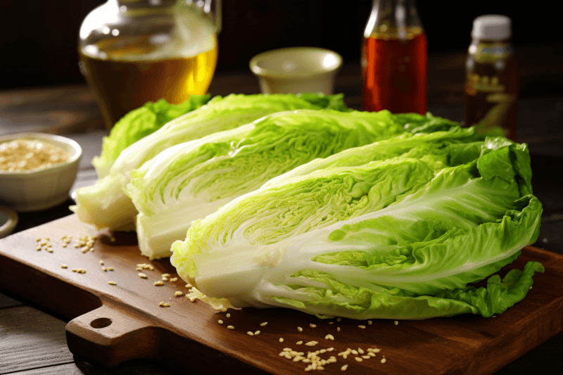 Three napa cabbages on a wooden board, next to various condiments and spices.