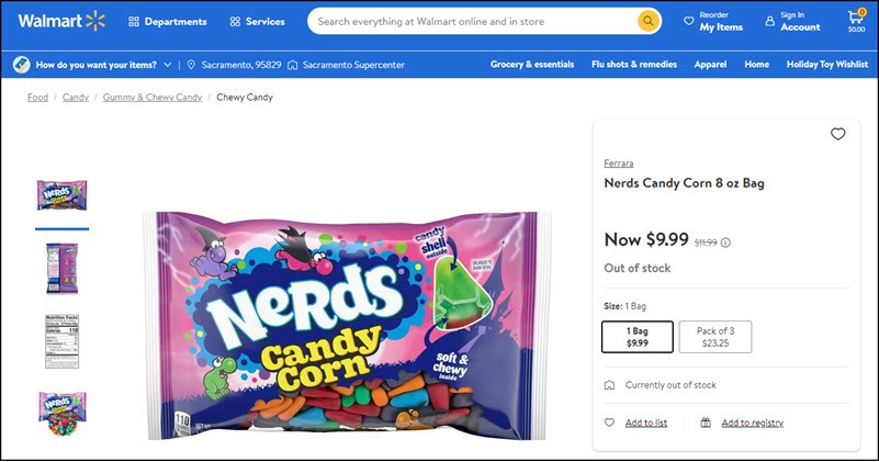 A website screenshot showing Nerds candy corn