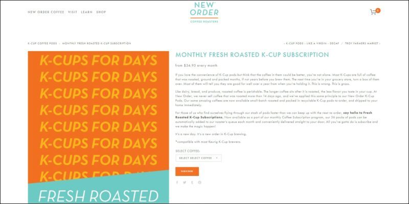 screenshot of New Order Monthly Fresh Roasted K-Cup Subscription's web page, mainly white page with the website's name and logo on top with the main menu beside it, the page is showing details of the subscription plan with an orange and blue graphic with text overlay.