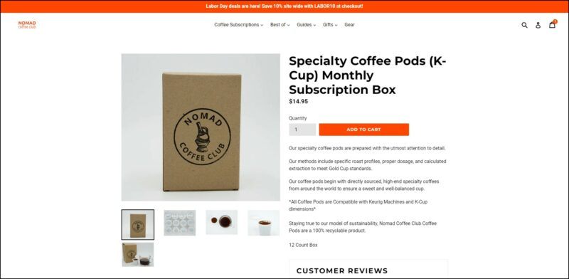 screenshot of Nomad Specialty Coffee Pods Monthly Subscription Box' web page, dominantly white page with bright red announcement bar on top followed by the website's name and main menu, the page displays the details of the subscription plans.