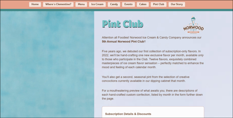 screenshot of Norwood Ice Cream & Candy Company Pint Club's web page with light brown header with the main navigation menu, followed by the main content area with light green and blue background, bearing the website's logo and the details of the pint club subscription plan